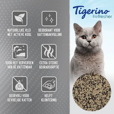 Tigerino Refresher kattenbakvulling: natuurlijke klei met actieve kool, deodorant, extra sterke geurabsorptie, geurvrij voor gevoelige katten, helpt klontering, voor verversen kattenbak.