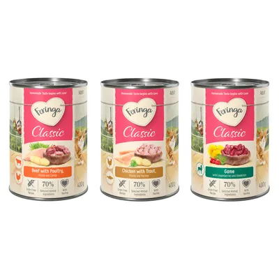 Feringa Classic wet food for cats, varieties: beef with poultry, chicken with trout, game with cranberries and dandelion. 400g cans, grain-free, 70% animal ingredients, with taurine.