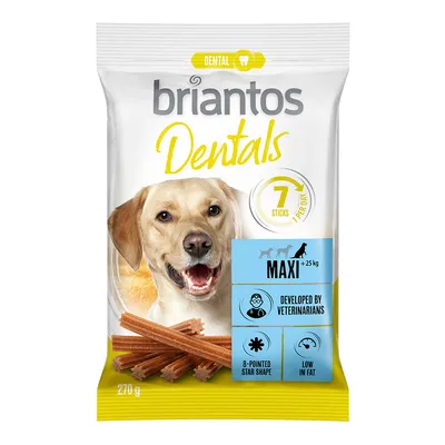 Briantos Dentals Maxi za pse nad 25 kg, 7 palčk na paket, razvito s strani veterinarjev, zvezdasta oblika, z nizko vsebnostjo maščob. Teža: 270 g.