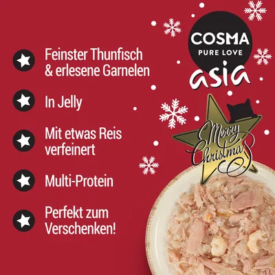 Cosma Asia Pure Love. Feiner Thunfisch & Garnelen in Jelly, mit Reis verfeinert, Multi-Protein. Perfekt zum Verschenken! Weihnachtsdesign mit Stern und Schneeflocken.