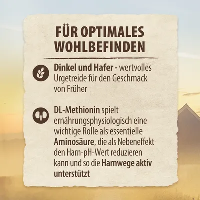 Für optimales Wohlbefinden: Dinkel und Hafer als wertvolles Urgetreide. DL-Methionin unterstützt die Harnwege durch Reduktion des Harn-pH-Werts als essentielle Aminosäure.