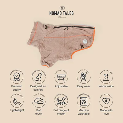 Nomad Tales München koiratakki. Ominaisuudet: premium-laatu, mukava muotoilu, säädettävä, helppo pukea, lämmin sisäpuoli, kevyt, pehmeä tuntuma, liikkumisvapaus, konepestävä, valmistettu rakkaudella.