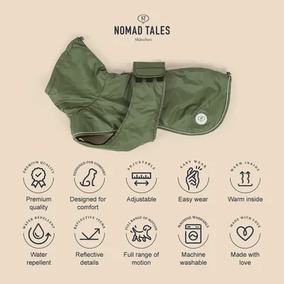 Nomad Tales München hundjacka i grönt. Egenskaper: premiumkvalitet, komfortdesign, justerbar, lätt att ta på, varmt fodrad, vattenavvisande, reflekterande detaljer, maskintvättbar.