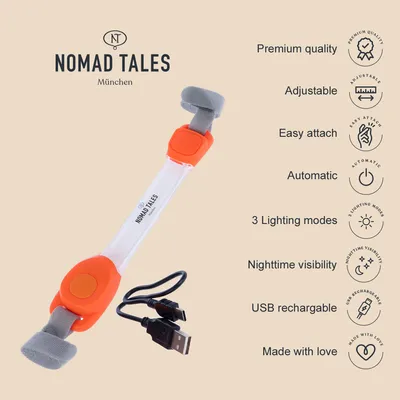 Nomad Tales München. Características del producto: calidad premium, ajustable, fácil de colocar, automático, 3 modos de iluminación, visibilidad nocturna, recargable por USB, hecho con amor.