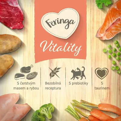 Feringa Vitality. S čerstvým masem a rybou, bezobilná receptura, s prebiotiky, s taurinem. Zobrazené maso, ryba, zelenina.
