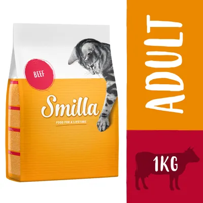 Smilla BEEF, FOOD FOR A LIFETIME, ADULT, sac de 1 kg avec image de chat et silhouette de vache. Texte en anglais visible sur l’emballage.