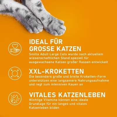 Smilla Adult Large Cats: Ideal für große Katzen, XXL-Kroketten für langsames Kauen, wichtige Vitamine fördern ein vitales Katzenleben.