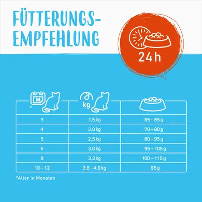Fütterungsempfehlung für Katzen: Alter in Monaten, Gewicht in kg und empfohlene Tagesration in Gramm. Beispiel: 3 Monate, 1,5kg, 65–85g. Hinweis: *Alter in Monaten.