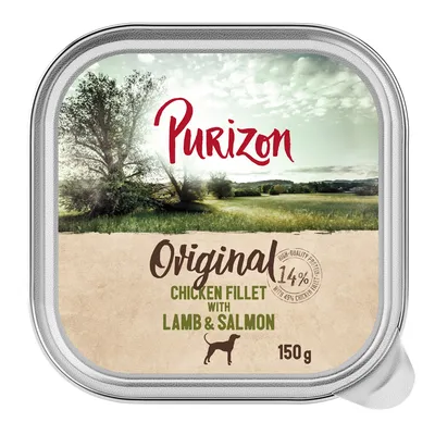 Purizon Original Chicken Fillet mit Lamm & Lachs, 14% Protein, 150g. Abbildung einer grünen Landschaft im Hintergrund.