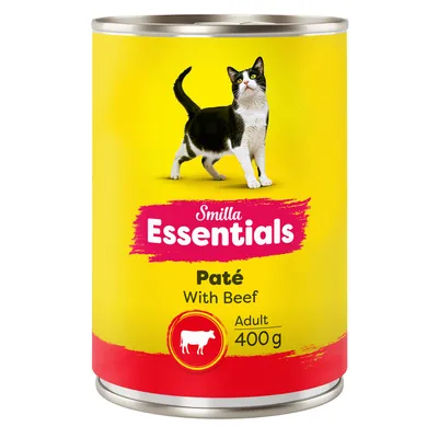 Smilla Essentials Paté mit Rind, Adult, 400g Dose. Gelbes Design mit Katze und rotem Akzent. Smilla Essentials Paté mit Rind, Adult, 400g Dose. Gelbes Design mit Katze und rotem Akzent.
