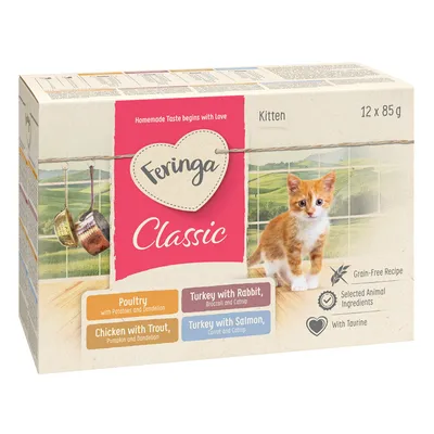 Feringa Classic Meat Menü Kitten Pliculețe 12 x 85 g - Pachet mixt 1: Curcan, Pui & vițel, Iepure & pui, Somon & pui Feringa Classic Meat Menü Kitten Pliculețe 12 x 85 g - Pachet mixt 1: Curcan, Pui & vițel, Iepure & pui, Somon & pui