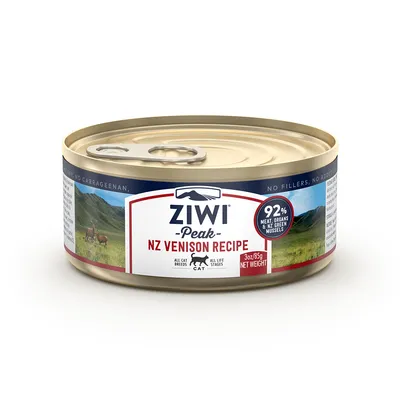 Boîte de pâtée pour chat Ziwi Peak NZ Venison Recipe, 92 % viande, abats et moules vertes NZ, 85 g. Texte visible en anglais uniquement.