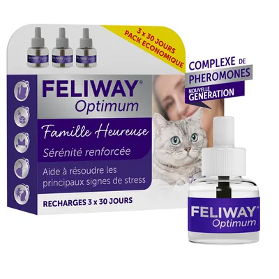 FELIWAY Optimum recharges 3 x 30 jours, Famille Heureuse, Sérénité renforcée, aide à résoudre les principaux signes de stress, complexe de phéromones nouvelle génération.