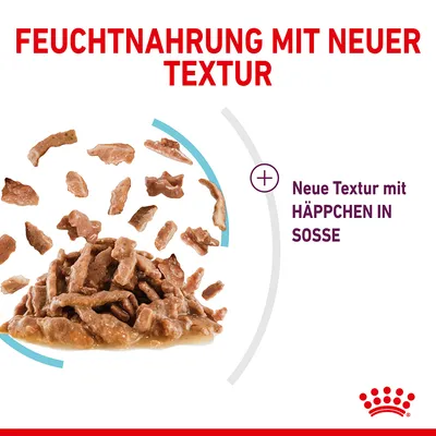Feuchtnahrung mit neuer Textur. Neue Textur mit Häppchen in Sosse.