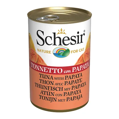 Schesir Nature for Cat. Риба тон с папая. Многоезичен етикет: Tuna with Papaya, Thon avec Papaye, Atún con Papaya, Tonijn met Papaya.