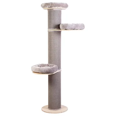 Cat tree with three levels, grey padded lying surfaces and sisal post on a round wooden base.
