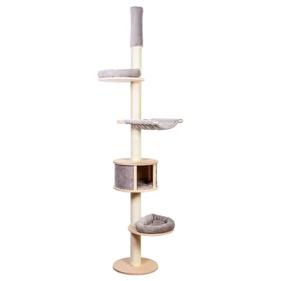 Cat tree made of wood with multiple levels: padded resting areas, hammock and enclosed cave. Height approx. 2 metres, beige and grey.