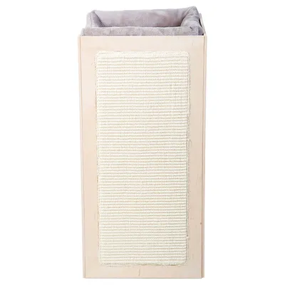 Raapimiskaluste puusta, jossa beige sisal-raapimislevy ja pehmustettu makuualusta ylhäällä.
