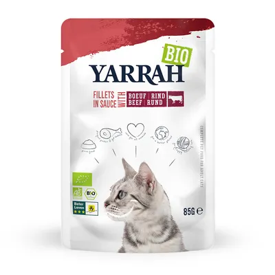 Yarrah Bio Fillets σε σάλτσα με βοδινό, 85g. Πιστοποιήσεις: EU-Bio-Siegel, AB-Zertifikat, Beter Leven 3 Sterne. Κατάλληλο για όλες τις γάτες, αγνά συστατικά, βιώσιμη παραγωγή.