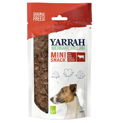 Yarrah Bio-Organic Mini Snack, 97% beef pork & chicken, grain free recipe, pure food, care for all animals, for better planet, 100 g. Billede af hund på emballagen.