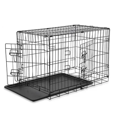 Cage en métal noir avec deux portes et un plateau amovible en plastique noir visible à la base.