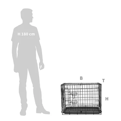 Comparaison de taille : silhouette humaine H 180 cm à côté d'une cage en métal avec indications B (largeur), T (profondeur), H (hauteur) pour visualiser les dimensions du produit.