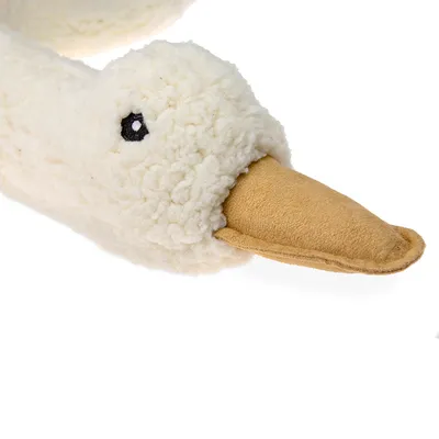 Plush toy shaped like a white duck head with yellow fabric beak, suitable for pets.