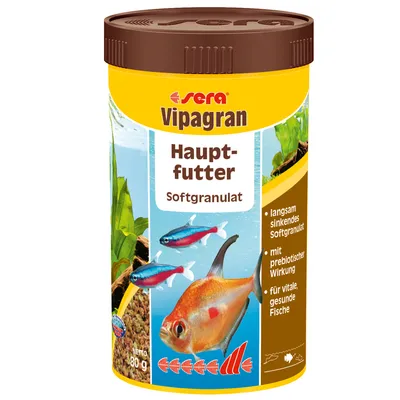 Sera Vipagran Hauptfutter Softgranulat, opakowanie 80 g. Widoczny tekst: langsam sinkendes Softgranulat, mit prebiotischer Wirkung, für vitale, gesunde Fische.