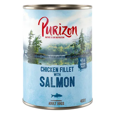 Purizon natvoer voor volwassen honden, variant kipfilet met zalm, 45% kipfilet, 400g blik.