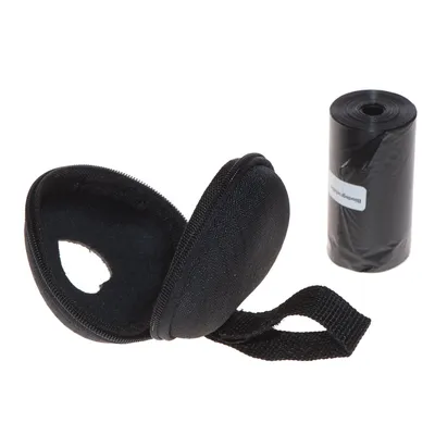 Black pouch with zip and loop, next to it a roll of black dog waste bags.