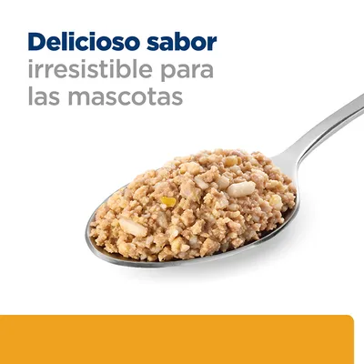 Cucharada de comida húmeda para mascotas con texto: Delicioso sabor irresistible para las mascotas.