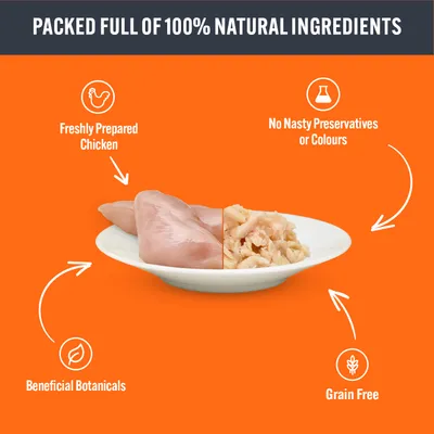 Image highlights 100% natural ingredients: freshly prepared chicken, beneficial botanicals, no nasty preservatives or colours, and grain free.