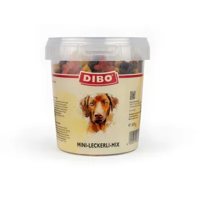 DIBO Mini-Leckerli-Mix, 500g Eimer. Zutaten und Fütterungshinweise auf der Verpackung sichtbar. QR-Code für weitere Informationen.