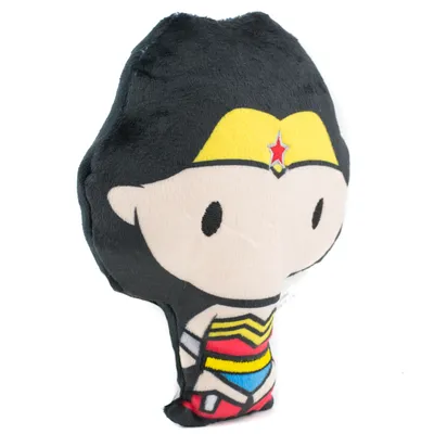 Plüschspielzeug in Wonder-Woman-Design mit gelbem Stirnband, rotem Stern und buntem Kostüm. Geeignet für Haustiere.