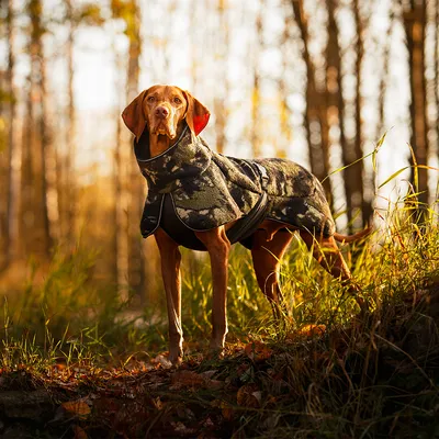 Dog coat with camouflage pattern, suitable for outdoor activities in autumnal surroundings.