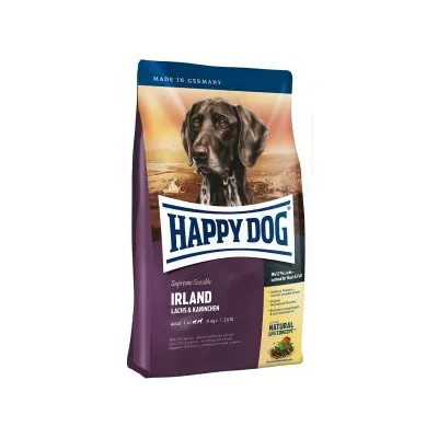 Opakowanie karmy Happy Dog Supreme Sensible Irland Lachs & Kaninchen, widoczne napisy: Made in Germany, Natural Life Concept, dla dorosłych psów, 1 kg.