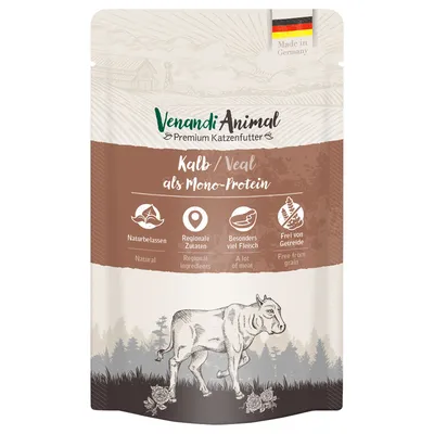 Venandi Animal Premium karma dla kotów, cielęcina jako jedno źródło białka, naturalna, regionalne składniki, dużo mięsa, bez zbóż, wyprodukowana w Niemczech.