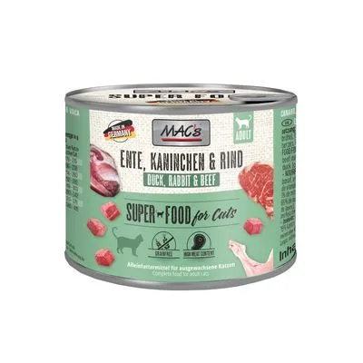 MAC's natvoer voor katten, smaak eend, konijn en rund. Tekst: SUPER FOOD for Cats, adult, hoog vleesgehalte, graanvrij. Label: Made in Germany. Inhoud niet zichtbaar.