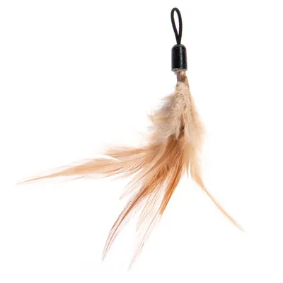 Ricambio per gioco per gatti con piume beige e attacco a laccio nero visibile in alto.