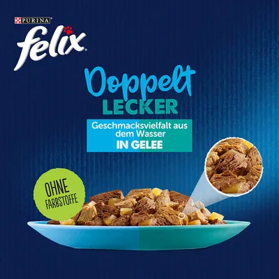 Purina Felix Doppelt Lecker, Geschmacksvielfalt aus dem Wasser in Gelee, ohne Farbstoffe.