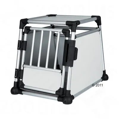 Aluminium transport box with barred front door, solid side panels and reinforced corners, designed for secure pet transport.