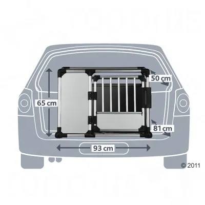 Transport box with dimensions: width 93 cm, height 65 cm, depth 81 cm. Shown in a car boot, side door opening 50 cm.