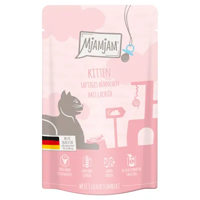 Mjamjam Kitten mehukas kana lohiöljyllä. Saksalaista laatua, erittäin korkea lihapitoisuus, viljaton, monoproteiini, täysravinto pennuille.