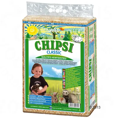 CHIPSI Classic stelja za male živali, 3,2 kg. Na embalaži so slike zajca, hrčka in morskega prašička ter besedilo: entstaubt + gereinigt, natürliche Pflanzenfasern, starke Geruchsbindungskraft.