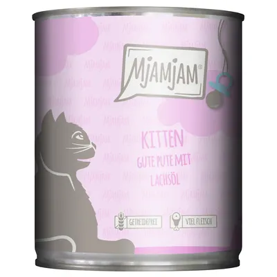 MjAMjAM Kitten Nassfutter, Gute Pute mit Lachsöl, getreidefrei, viel Fleisch. Rosa Verpackung mit Katzenmotiv.