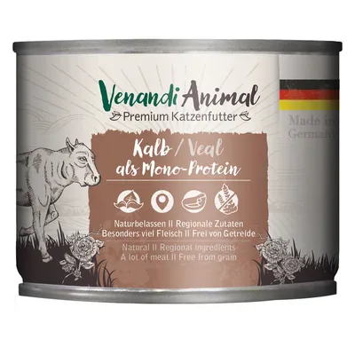 Venandi Animal Premium Katzenfutter, Kalb/Veal als Mono-Protein. Naturbelassen, régionales ingrédients, beaucoup de viande, sans céréales. Made in Germany visible sur l’étiquette.
