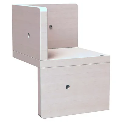 Holzmodul mit zwei Ebenen, rechteckige Form, helle Holzoptik, mit runden Aussparungen und Schraube sichtbar. Geeignet für modulare Konstruktionen oder Möbelaufbau.