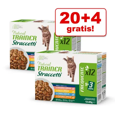 Natural Trainer Straccetti kattenvoer multipack, 2 dozen van elk 12x85g. Smaken: zalm, kip, tonijn, kalkoen met groenten. Actie: 20+4 gratis!
