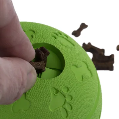Grüner Spielball mit Pfotenmuster, befüllbar mit kleinen Knochenförmigen Leckerlis. Hand zeigt das Einfüllen der Leckerlis in die Öffnung des Balls.