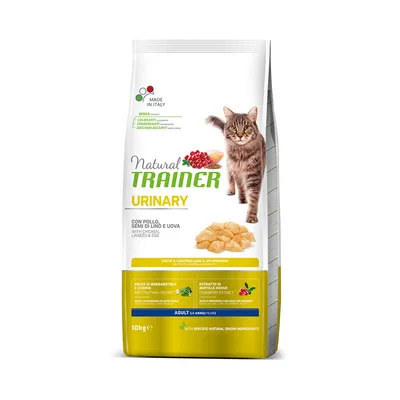 Zak Natural Trainer Urinary kattenvoer, 10 kg, met kip, lijnzaad en ei. Voor volwassen katten. Tekst: zonder kleurstoffen, conserveermiddelen, toegevoegde suikers. Gemaakt in Italië.